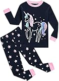 EULLA Kinder Mädchen Schlafanzüge Langarm Baumwolle Winter Pyjama Set Glow in The Dark Einhorn Zweiteilig Nachtwäsche 92 98 104 110 116 122 128 134 140 A-dunkelblau Glow in The Dark Einhorn DE 128