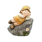 Wichtelstube-Kollektion XL Gartenfigur Yasmin auf Willkommen Stein Schriftzug 32cm Wetterfest Dekofigur Outdoor Gartendeko Eingangstür Deko Willkommen Schild