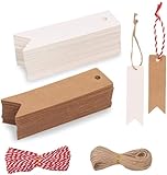 Hoiny Geschenk Anhänger 200 stk.Kraftpapier Anhänger Etiketten Geschenkanhänger mit Jute Schnur für Hochzeitsgeschenke, Party-Geschenkanhänger und Weihnachten (Kraft + weiß)