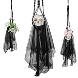 FUNNANS Schädel Pflanzgefäß, Harz Skelett Gothic Pflanzgefäß für Halloween Dekorationen, Weiß Schädel Hängender Übertopf für Outdoor Indoor Pflanzen, Halloween Pflanzgefäß mit Pflanzenaufhänger und