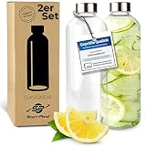 Smart-Planet 2er SET hochwertige Trinkflaschen aus Glas - Glasflasche aus Borosilikat Glas - 1L Glastrinkflasche mit Metalldeckel in Edelstahloptik - für Sport