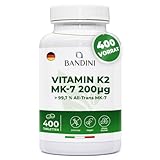 Bandini® Vitamin K2 MK-7 200µg (mcg) VEGAN | 400 Mikrotabletten | K2 rein natürliches Menachinon 7 | All-trans Gehalt 99,7% Vitamin K 2 | Blut- und Knochengerinnung | 1 Tablette pro Tag für 1 Jahr