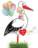 GLÜCKSGUT® Klapperstorch Baby Rosa, 100 cm | 5-teiliges Set | Geburtsstorch inkl. Holzstab + Namensschild + Grußkarte + Stift | Storch Geburt für Draussen & Drinnen | Geburtsgeschenk