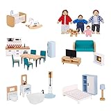 OOOK Puppenhaus Möbel Holz Set, 26 Teilige Möbel mit 4 Familienpuppen Miniaturmöbel, Puppenhauszubehör Holz für Mädchen und Jungen ab 3 Jahre