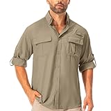 Asfixiado Hemd Herren Safari UPF50+ UV Schutz Wanderhemd Herren Langarm Funktionshemd Outdoorhemd Atmungsaktiv Schnelltrocknend Casual Button Down Shirts(Khaki L)