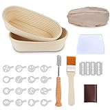 Gärkörbchen für Brot, 2 Stück, 24 cm Oval Gärkorb zum Brotbacken, Backen Zubehör Brotkörbchen 100% Natürliches Rattan, Inklusive Bäckermesser, Bürste, Teigschaber und Bäckerleinen für Zuhause Backen