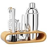 Newpop 750 ML Cocktail Set, 10 stück Edelstahl Shaker Mixer mit Holzständer, professionelle Barkeeper zubehör, mit doppel messbecher, löffel, Pourer, mischen getränken, zuhause, bar, Party (Silber)
