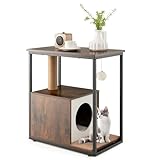 COSTWAY 3 in 1 Katzenhaus & Kratzbaum & Beistelltisch, Katzenhöhle mit Abnehmbarer Kratzmatte & Ball & Sisalstamm, All-in-One-Katzenmöbel Innenbereich, Metallrahmen, 60x34x66cm(Braun)