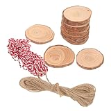 AKOOSY 30 Stk. Naturbelassene Runde Holzscheiben mit Löchern Unbehandelte Kiefernholz Baumscheiben mit Jute Baumwollfaden für DIY Dekoration Basteln Hochzeit Weihnachten