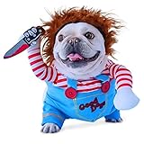 Chucky Hundekostüme für Hunde Wig and Knife,Lustige Chucky Hundekleidung Puppe Halloween Cosplay Kostüm (M)