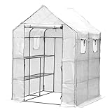 Fiqops Foliengewächshaus Gewächshaus mit 8 Regalen und Fliegengitter, Gewächshaus Garten 143x143x195CM, Foliengewächshaus Winterfest und Wasserdicht, Gartengewächshäuser, Weiß