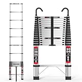 5m Edelstahl Teleskopleiter, 16.4FT Ausziehleiter mit 2 Haken, EN131 geprüfte leichte Klappleiter, maximale Tragfähigkeit von 150kg, Kompakt Leiter einfach zu verstauen, geeignet für Zuhause/Freien