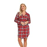 Misscoo Nachthemd Damen Langarm - Schlafhemd Button-Down Frauen Baumwoll Schlafhemd Langarm Nachthemd Flanell Nachthemd Plaid Rot M