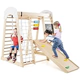 GOPLUS 7-in-1 Klettergerüst, Kletterspielzeug mit Rutsche, Schaukel, Abakus, Wandtafel, Kletternetz, Kletterfelsen & Leiter, Kletterturm Holz, Indoor Spielplatz für Kinder ab 3 Jahren (Natur)
