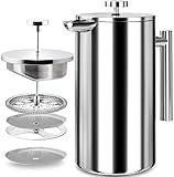 KICHLY French Press Kaffeebereiter 34 Oz - 1000 ml (4 Kaffeebecher / 8 Kaffeetassen) - Kaffeemaschine mit dreifachem Edelstahlfilter & isolierten Wänden - Silber