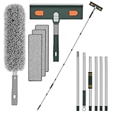 Flow fire 250 cm Fensterabzieher mit Teleskopstiel Kopf und Teleskopstange, Professioneller Teleskop Fensterwischer mit Silikonschaber und Mikrofaserschrubber, Geeignet für Innen und Außenfenster