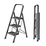 LQSYBHD Trittleiter, 3-Stufiger Klappbarer Tritthocker aus Aluminium, 150 Kg, Tragbarer Bockleiter, BlumenstäNder, mit Griff. Robuste Leitern für die KüChe zu Hause(Color:Schwarz)