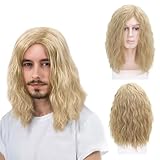 TSHAOUN Lange Blond Perücke für Herren, Herrenperücke Lange Lockige Welle Geschichtetes Haar Herren Kostüm Hippie Rockstar Männer Perücke für Halloween Cosplay Täglich Fasching Perücke (Blond)