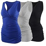 COLOMI Damen Umstandsoberteile Ärmellos Stillshirt Umstandsshirt V-Neck Nursing Tops Umstandsmode (Black+Grey+Blue/3Pack, L)