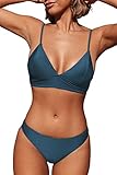 CUPSHE Damen Bikini Set Triangel Breites Unterbrustband Gerippte Bademode Zweiteiliger Badeanzug Blau L