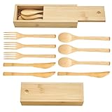Wuhonghao Bambus aus Besteck mit Etui,Reisebesteck set Essbesteck Outdoor 3 Personen,Mehrweg Camping Holzbesteck für Unterwegs,Nachhaltig Tragbarer 20cm Holz Bambusbesteck LöFfel, Messer, Gabel，