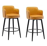 Moderne Kücheninsel-Barhocker, 2er-Set, bequeme Drehstühle mit Rückenlehne, Nappaleder, schwarze Metallbeine, graue Armlehnen und Fußstütze für Kneipe, Zuhause, Bar
