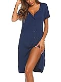 Ekouaer Damen Nachthemd Sommer Sleepshirt Kurzarm Schlafshirt Kurz Nachtwäsche Knopfleiste Navyblau XL