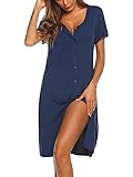 Ekouaer Damen Nachthemd Sommer Sleepshirt Kurzarm Schlafshirt Kurz Nachtwäsche Knopfleiste Navyblau XL