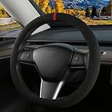 SthExtra Lenkradbezug aus Wildleder für Tesla Model 3/Y, Anti-Hitze, atmungsaktiv, rutschfest, Leder-Lenkradbezug, D-förmig, 35,5–36 cm, Schwarz 01 mit roter Markierung