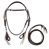 Brama West Westerntrense „Wyatt“ – Elegante Ledertrense im klassischen Westernstil - mit weißen Kontrastnähten, Rawhide-Dekor & Pferdehaarquasten – Braun, inkl. Splitzügel (Full)
