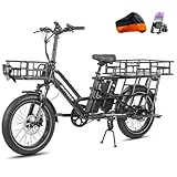 Fafrees Longtail E-Bike 20 * 3.0 Zoll, E-Lastenrad 250W 25km/h, ebike Damen 12Ah*2 Akku, E-Fahrrad 75N.m Reichweite 100-140km, Tragkraft 200kg (Vorderkorb + Hinterkorb, Schwarz)
