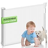 HAPPY FINDING Treppenschutzgitter Ausziehbar Extra Breit 350cm | 84 cm Hoch | Mühelos EIN klick Schloss | Einhändig Bedienbar | Türgitter ausziehbar aus PVC ABS für Treppen/Türen/Innen & Außen