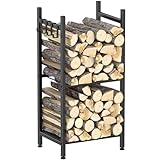 Kaminholzregal Metall für innen, Brennholzregal Feuerholzregal mit 4 Haken für Kamin & Ofen, Kaminholzständer mit 2 Ablagen, Kaminholzlager Innen & Außen, 40 x 30 x 80 cm