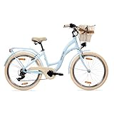 Goetze Mood 24 Zoll Kinderfahrrad, 14 Zoll Tiefeinsteiger Rahmen, 6-Gang Kettenschaltung, V-Bremse, LED-Beleuchtung, Gepäckträger, Komfortsattel, Schutzbleche, Rattankorb mit Stoffeinsatz!