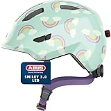 ABUS Kinderhelm Smiley 3.0 LED - Fahrradhelm mit Licht - tiefe Passform & Platz für einen Zopf - für Mädchen und Jungs - Hellblau mit Regenbogen-Muster, Größe M