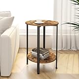 H JINHUI 2 Ebenen Runder Beistelltisch, Couchtisch mit Holztablett, Snacktisch, Teetisch, Nachttisch, Schwarzes Metallgestell, Industrie-Design, Sofatisch für Wohnzimmer Schlafzimmer (Retro-braun)