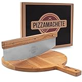 PIZZAMACHETE Pizzaschneider + Pizzabrett Holz, Pizza Set bestehend aus Wiegemesser und Pizzaschneidebrett, Pizza-Zubehör mit Pizza Cutter aus rostfreiem Edelstahl, Pizza Bretter Holz-Griff