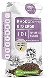 Bio Rhododendronerde 10 L - Saure Erde mit 20% weniger Torf für Moorbeetpflanzen - Erde für Pflanzen mit Dünger - Saure Blumenerde - Pflanzenerde mit saurem PH-Wert