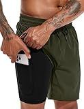 Atforna Badehose Herren Kurz Badeshorts mit Kompressionsliner 2 in 1 Board Shorts Schnelltrocknend Männer Strand Surfen Strandhose mit Reißverschlusstasche Armeegrün L