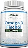 Omega 3 Fischöl 1000mg - 365 Softgelkapseln - Reines Fischöl aus Nachhaltigem Fischfang - Tryglicerid-Form - 900mg EPA & DHA pro dosiert - Nu U Nutrition