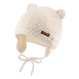 XIAOHAWANG Baby Wintermütze Jungen Mädchen Warmer Strickmützen Weicht Baumwolle-Futter mit Süße Bärenohren Winter Babymütze(Weiß, S)