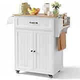 Bealife Küchenwagen mit Handtuchhalter und Gewürzboard, Kücheninsel auf Rollen, Bewegliche Küchenwagen mit Arbeitsplatte, Servierwagen für Küche, Esszimmer, Flur (weiß)