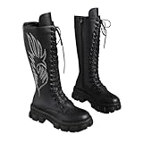 Damenstiefel, kniehoch, modisch, mit Reißverschluss, lässig, bequem, Schnürstiefel, mittellang, Winterschuhe, Reitstiefel, Lokomotiven, Winterstiefel, warm, Schwarz , 42 EU