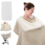 JJKOL Stilltuch für Unterwegs, 100% Baumwolle Stillschal, Musselin-Abdeckung zum Stillen von Babys, Mit 1 Babywaschlappen, Weiche Atmungsaktive und Verstellbare Riemen, für Kinderwagen, Khaki