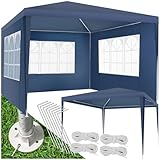 tectake® Pavillon 3x3 m, Zelt groß, wasserdicht, für Garten und Camping, Gartenpavillon, Partyzelt, Event Shelter, Festzelt, Gartenpavillon 3x3 m mit 3 Seitenwänden mit Fenstern, inkl. Heringe - blau