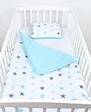 BABYLUX Babydecke Krabbeldecke MINKY Kuscheldecke Decke 75 x 100 cm mit KISSEN 30x35cm (9K. Blau + Sterne)