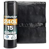 Hinrichs Müllsäcke 240L extra Stark - 15er Rolle - 100x125 cm - Extrem reißfeste Müllbeutel - Mülltüten aus Recycling LDPE - Schwarze Säcke - Abfallsäcke für Garten, Haushalt & Baustelle