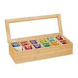 Relaxdays Teebox, Bambus, 12 Fächer, Teekiste mit Sichtfenster, Organizer für Teebeutel, HxBxT: ca. 9x41x16 cm, natur, Hellbraun