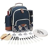 HappyPicnic Isolierter Picknick-Rucksack für 4 Personen mit vollem Edelstahl-Besteck-Set, geräumigem Kühlfach, Flaschenhalter und großer wasserdichter Matte als Geschenk