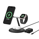 Belkin kabellose 3-in-1-Ladestation mit magnetischem, MagSafe-kompatiblem Qi2, 15 W, Wireless Charger, kompatibel mit den iPhone-Serien 15, 14, 13, AirPods, Apple Watch usw., inkl. Netzteil – Schwarz